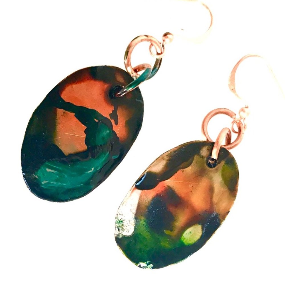 Modernist Geometric Abstract Green Blue Red Orange Solid Copper Earrings Drop - Picture 3 of 10